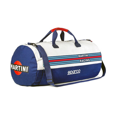 Blue and white duffel bag with Martini Racing and Sparco branding on a white background